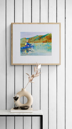 artwork image of a man canoeing on a lake