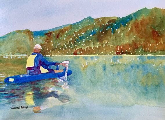 artwork image of a man canoeing on a lake