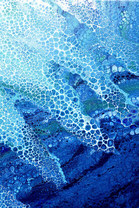 ABSTRACT painting that gives the impression of soothing ocean waves lapping in to soft sandy beach with slow easy waves creating crests of white..  The intricate mosaic pattern within the tonal blue hues and the glimmering metallics adds added interest and intrigue.  There are trees on the shore - the deep emerald green contrasting against the soft sandy colours .
The ocean is a gorgeous combination of aquamarine, turquoise, blues.
The closer you get to the painting the more of the interesting details and patterns you can see. Metallics add an extra depth because the painting changes personality when one views from different angles.  It was inspired by Borneo as we watched the Amazing Race Australia Celebrity, but it could be the shores of northern Queensland in Australia or any tropical beach!