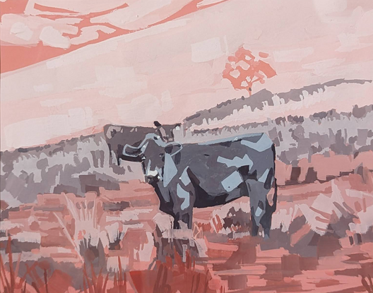 two tone cows rolling hills tree