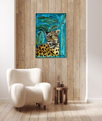 A bright realistic leopard head, growling 
Showing his teeth in a miss mash of greens and blues representing the jungle