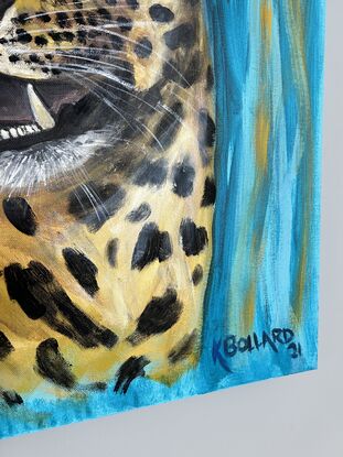 A bright realistic leopard head, growling 
Showing his teeth in a miss mash of greens and blues representing the jungle