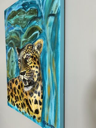 A bright realistic leopard head, growling 
Showing his teeth in a miss mash of greens and blues representing the jungle