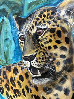 A bright realistic leopard head, growling 
Showing his teeth in a miss mash of greens and blues representing the jungle