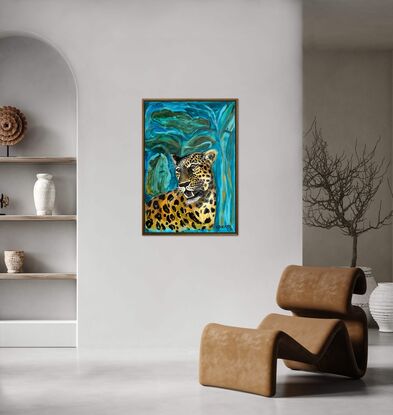 A bright realistic leopard head, growling 
Showing his teeth in a miss mash of greens and blues representing the jungle