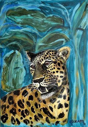 A bright realistic leopard head, growling 
Showing his teeth in a miss mash of greens and blues representing the jungle