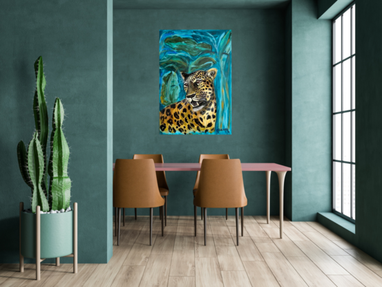 A bright realistic leopard head, growling 
Showing his teeth in a miss mash of greens and blues representing the jungle