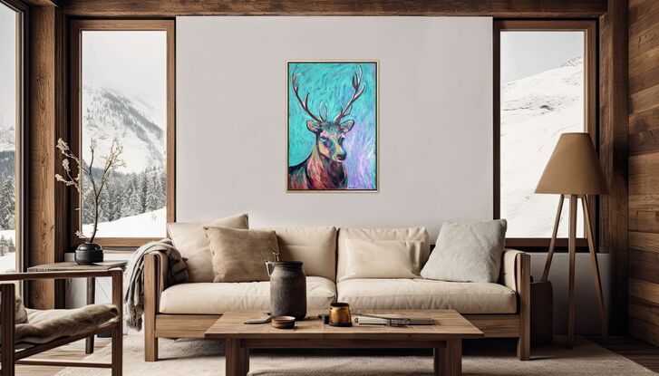 A deer face using a brightly coloured palette to show light and dark. On a abstract background of mixed lilac and a teal pale green 