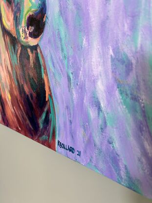 A deer face using a brightly coloured palette to show light and dark. On a abstract background of mixed lilac and a teal pale green 