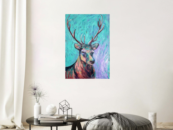 A deer face using a brightly coloured palette to show light and dark. On a abstract background of mixed lilac and a teal pale green 