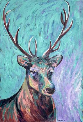 A deer face using a brightly coloured palette to show light and dark. On a abstract background of mixed lilac and a teal pale green 