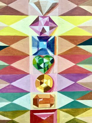 A painting of the Chakra's and their relevant gemstones in warm tones.