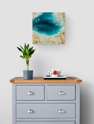 'Serene Seashore' - original artwork by Kasia Michalska - abstract acrylic painting with resin and mixed media texture stretched and ready to hang. Each painting is one-of-a-kind due to the process of fluid art.

As each piece has a coat of resin, they will appear reflective and more mirror like in person. 

'Serene Seashore' was created using the process of fluid art. The layering of paints and chemical interactions create a one-of-a-kind piece that cannot be recreated.

MATERIALS 
The following materials were used to create this one-of-a-kind piece:
- Resin and Acrylic Paint
- Texture Medium
- Wooden Art Board

Painting is ready to hang with D-rings, includes:
 - Artwork is signed by the artist
 - Certificate of authenticity provided

‘In situ’ photos have been included to help imagine the artwork in your home. The photos were created using the Canvy app, they may not be perfectly to scale. Please read the measurements to ensure it fits your spot.