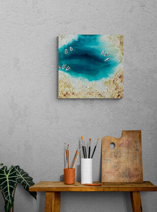 'Serene Seashore' - original artwork by Kasia Michalska - abstract acrylic painting with resin and mixed media texture stretched and ready to hang. Each painting is one-of-a-kind due to the process of fluid art.

As each piece has a coat of resin, they will appear reflective and more mirror like in person. 

'Serene Seashore' was created using the process of fluid art. The layering of paints and chemical interactions create a one-of-a-kind piece that cannot be recreated.

MATERIALS 
The following materials were used to create this one-of-a-kind piece:
- Resin and Acrylic Paint
- Texture Medium
- Wooden Art Board

Painting is ready to hang with D-rings, includes:
 - Artwork is signed by the artist
 - Certificate of authenticity provided

‘In situ’ photos have been included to help imagine the artwork in your home. The photos were created using the Canvy app, they may not be perfectly to scale. Please read the measurements to ensure it fits your spot.