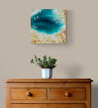 'Serene Seashore' - original artwork by Kasia Michalska - abstract acrylic painting with resin and mixed media texture stretched and ready to hang. Each painting is one-of-a-kind due to the process of fluid art.

As each piece has a coat of resin, they will appear reflective and more mirror like in person. 

'Serene Seashore' was created using the process of fluid art. The layering of paints and chemical interactions create a one-of-a-kind piece that cannot be recreated.

MATERIALS 
The following materials were used to create this one-of-a-kind piece:
- Resin and Acrylic Paint
- Texture Medium
- Wooden Art Board

Painting is ready to hang with D-rings, includes:
 - Artwork is signed by the artist
 - Certificate of authenticity provided

‘In situ’ photos have been included to help imagine the artwork in your home. The photos were created using the Canvy app, they may not be perfectly to scale. Please read the measurements to ensure it fits your spot.