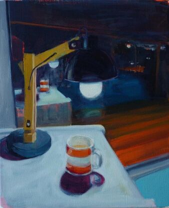 an expressive painting of a view through the window at night,  with reflections of a still life in the window,