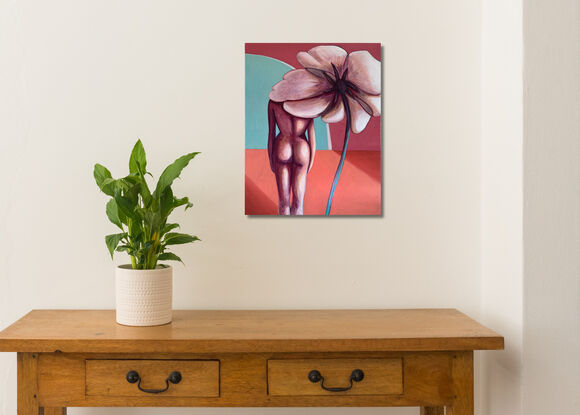 Surreal inspired artwork of woman standing under a flower next to an arch doorway with light flooding in