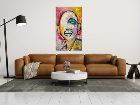 Modern abstract portrait with bold, bright colours and thick impasto textures