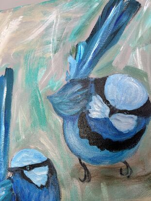 4 Blue wrens , soft pallet of blues greens and greys