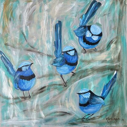 4 Blue wrens , soft pallet of blues greens and greys