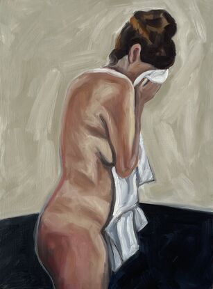 Painting of a woman holding a towel to her face against a beige background. 