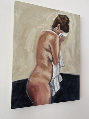 Painting of a woman holding a towel to her face against a beige background. 