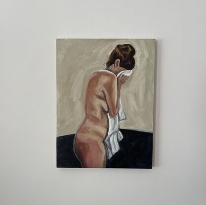 Painting of a woman holding a towel to her face against a beige background. 