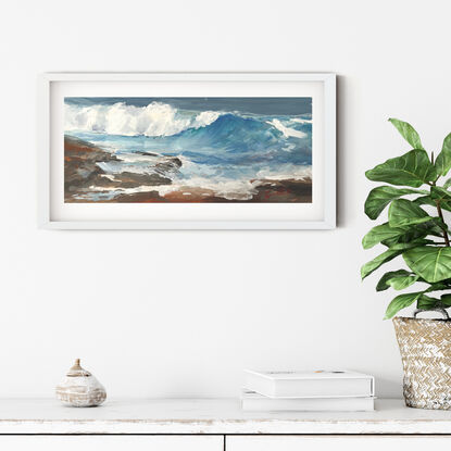 Gouache painting of Sydney coastline looking at waves crashing onto the rocks