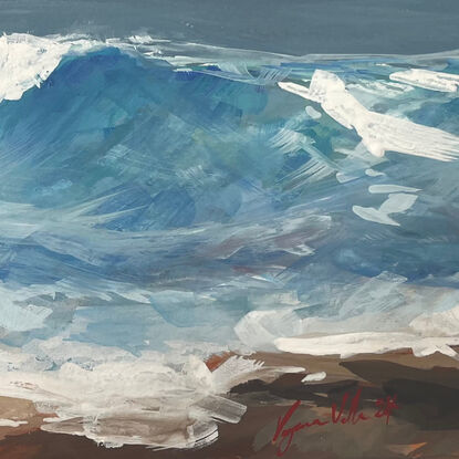 Gouache painting of Sydney coastline looking at waves crashing onto the rocks