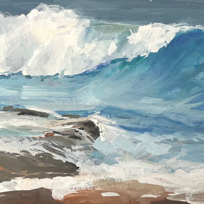 Gouache painting of Sydney coastline looking at waves crashing onto the rocks