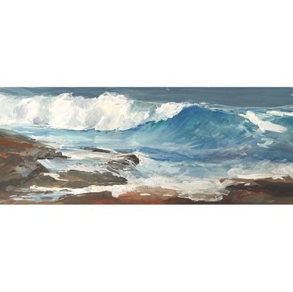 Gouache painting of Sydney coastline looking at waves crashing onto the rocks