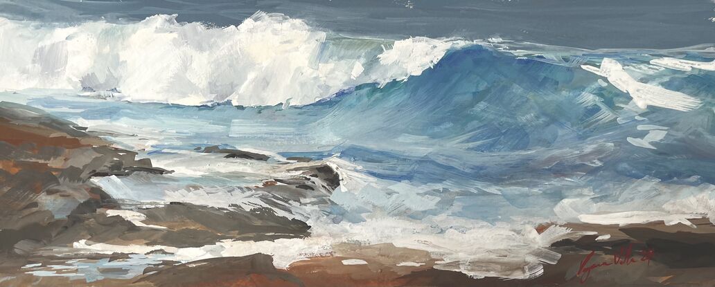 Gouache painting of Sydney coastline looking at waves crashing onto the rocks