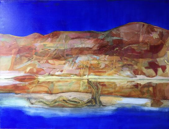 A hilly landscape leads down to a river in which a driftwood tree-trunk sits on a sandbank. The hills are a patchwork of beautiful colours, that are intriguing to look at in their own right: golds, yellow, some purple and mauve, all sunlight and shadow, whilst the sky is the deep blue one sees in some parts of Australia in the Summer and Autumn. A river slides by, reflecting the hills above, and interrupted in places by a sandbank in the foreground on which a fallen tree has lodged, perhaps in a recent flood? It's all for the imagination!