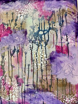 An image of a canvas full of dark hues of purple and navy with hints of magenta acrylic, covered in gold spray paint mixed with water