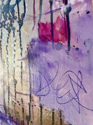 An image of a canvas full of dark hues of purple and navy with hints of magenta acrylic, covered in gold spray paint mixed with water