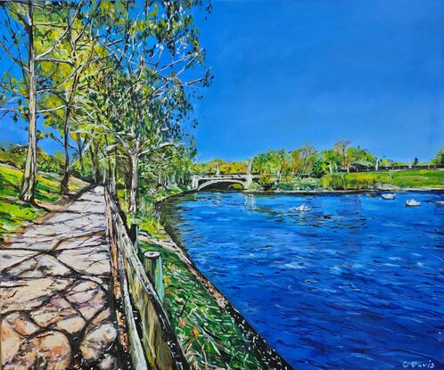 A medium landscape painting of the path beside the river Torrens. The river and the sky is a vivid blue, the grass and reeds are a bright green. There are gum trees to the left of the path. 