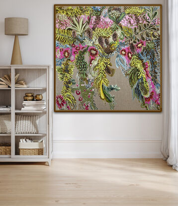  foliage and flowers with pink on Natural Linen