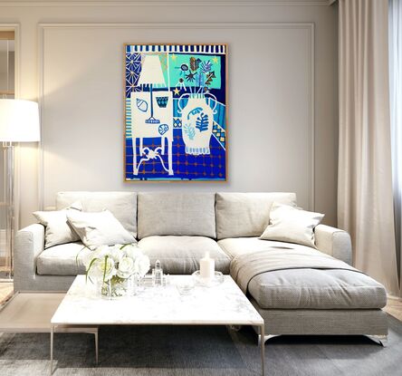 White table, vase and lamp sit against a blue tiled floor and window background.