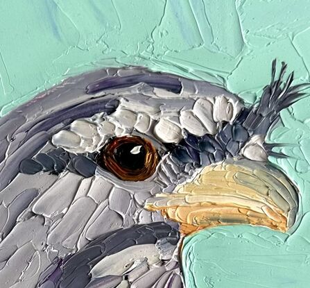 A cute Tawny Frogmouth painted in thick textured oil paints.