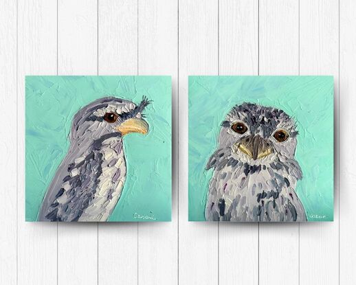 A cute Tawny Frogmouth painted in thick textured oil paints.