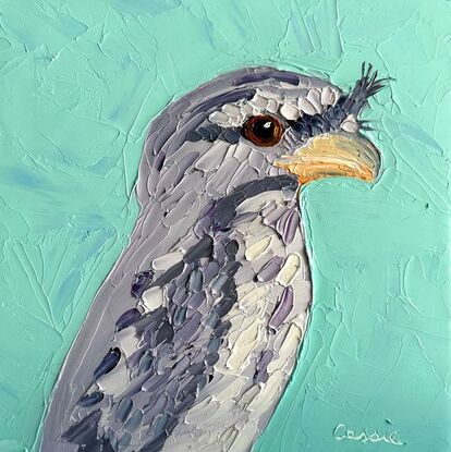 A cute Tawny Frogmouth painted in thick textured oil paints.