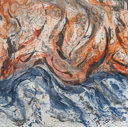 a maximalist artwork in orange, ochre, black and blue of the Binnalong Bay of Fire