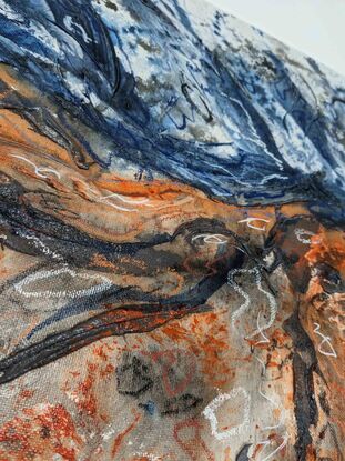 a maximalist artwork in orange, ochre, black and blue of the Binnalong Bay of Fire