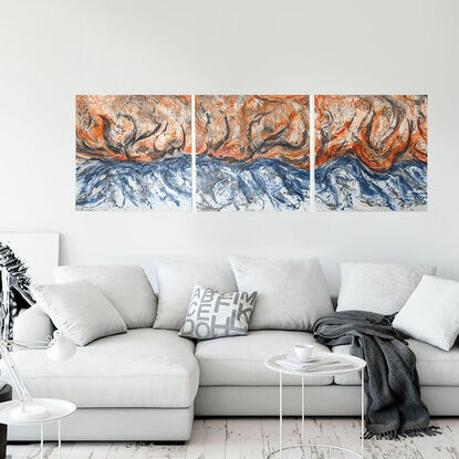 a maximalist artwork in orange, ochre, black and blue of the Binnalong Bay of Fire