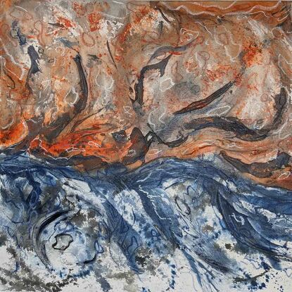 a maximalist artwork in orange, ochre, black and blue of the Binnalong Bay of Fire