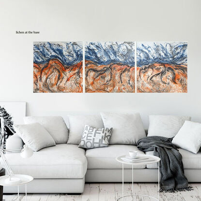 a maximalist artwork in orange, ochre, black and blue of the Binnalong Bay of Fire