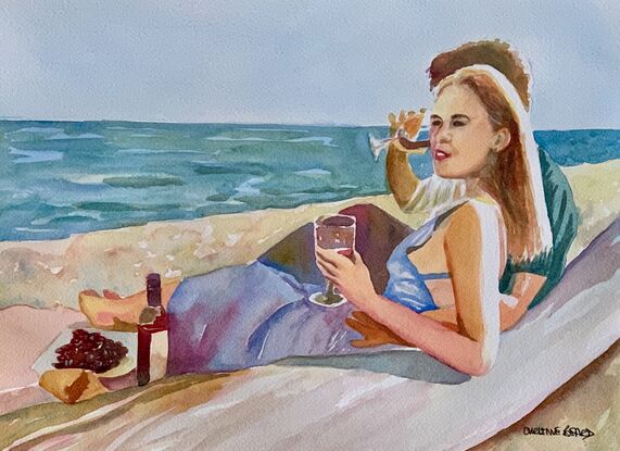 artwork which is the image of a couple sitting sipping red wine on the beach