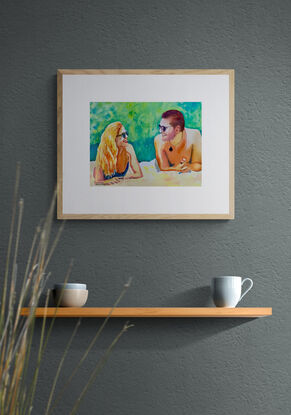 artwork which is the image of a couple lying on the beach next to each other and laughing 