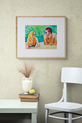 artwork which is the image of a couple lying on the beach next to each other and laughing 