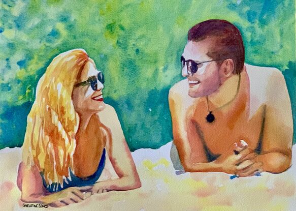 artwork which is the image of a couple lying on the beach next to each other and laughing 